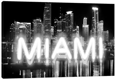 Neon Miami White On Black Canvas Art Print - Miami Skylines