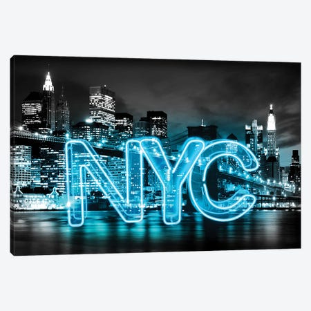 Neon New York City Aqua On Black Canvas Print #HCR102} by Hailey Carr Art Print