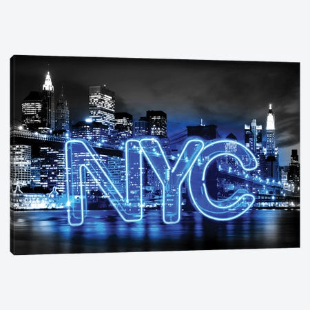 Neon New York City Blue On Black Canvas Print #HCR103} by Hailey Carr Canvas Print