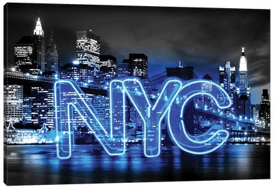 Neon New York City Blue On Black Canvas Art Print - Hailey Carr