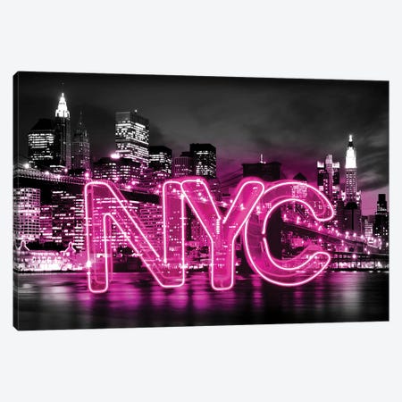 Neon New York City Pink On Black Canvas Print #HCR104} by Hailey Carr Canvas Wall Art