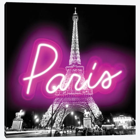 Neon Paris Pink On Black Canvas Print #HCR107} by Hailey Carr Canvas Artwork