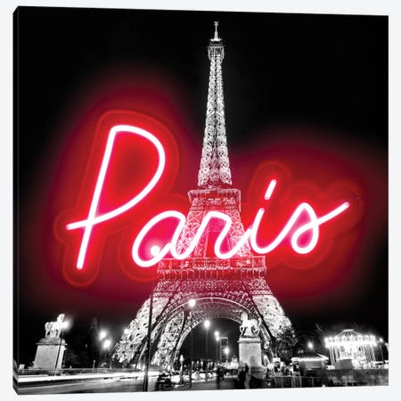 Neon Paris Red On Black Canvas Print #HCR108} by Hailey Carr Art Print
