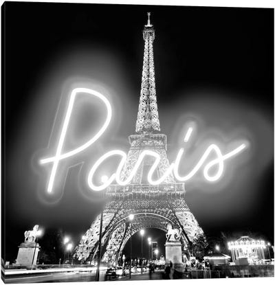 Neon Paris White On Black Canvas Art Print - The Eiffel Tower