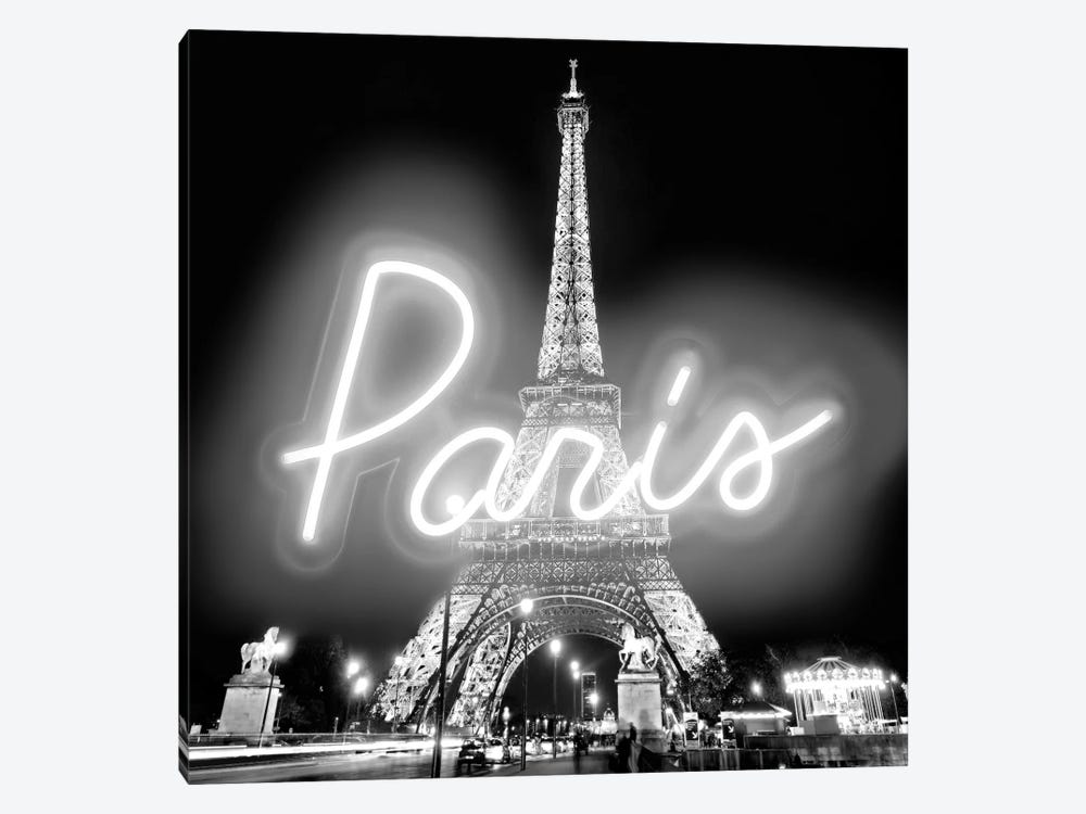 Neon Paris White On Black by Hailey Carr 1-piece Canvas Artwork
