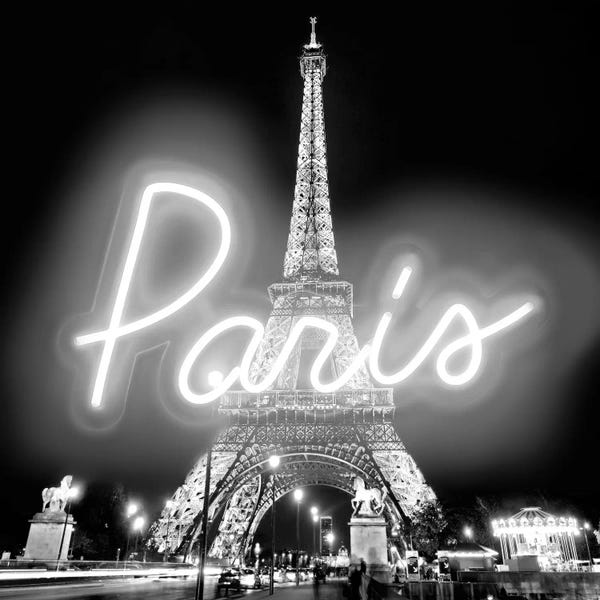 Eiffel Tower: Neon Paris White On Black by Hailey Carr