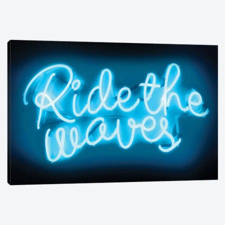 Neon Ride The Waves Aqua On Black Canvas Print #HCR117} by Hailey Carr Canvas Print