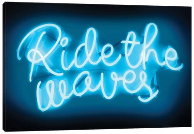 Neon Ride The Waves Aqua On Black Canvas Art Print - Hailey Carr