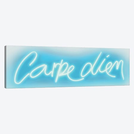 Neon Carpe Diem Aqua On White Canvas Print #HCR16} by Hailey Carr Canvas Art