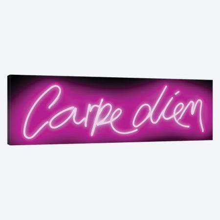 Neon Carpe Diem Pink On Black Canvas Print #HCR18} by Hailey Carr Art Print
