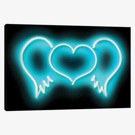 Neon Heart Wings Aqua On Black Canvas Print #HCR44} by Hailey Carr Art Print