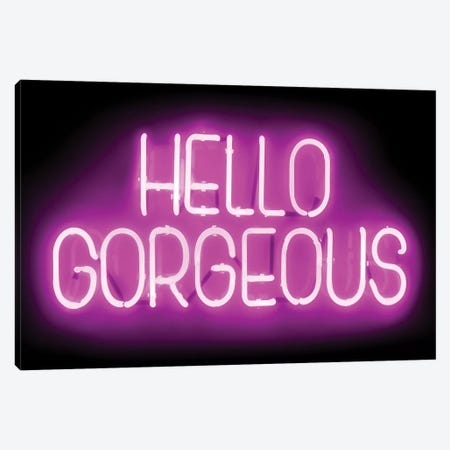 Neon Hello Gorgeous Pink On Black Canvas Print #HCR57} by Hailey Carr Canvas Art