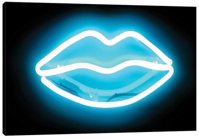 Neon Lips Aqua On Black Canvas Art Print - Hailey Carr