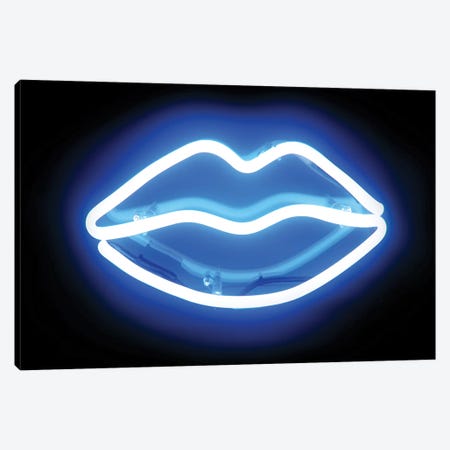 Neon Lips Blue On Black Canvas Print #HCR66} by Hailey Carr Canvas Print