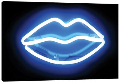 Neon Lips Blue On Black Canvas Art Print - Neon Art