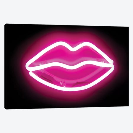 Neon Lips Pink On Black Canvas Print #HCR67} by Hailey Carr Art Print