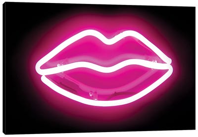 Neon Lips Pink On Black Canvas Art Print - Hailey Carr