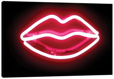 Neon Lips Red On Black Canvas Art Print - Hailey Carr
