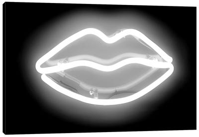 Neon Lips White On Black Canvas Art Print - Hailey Carr