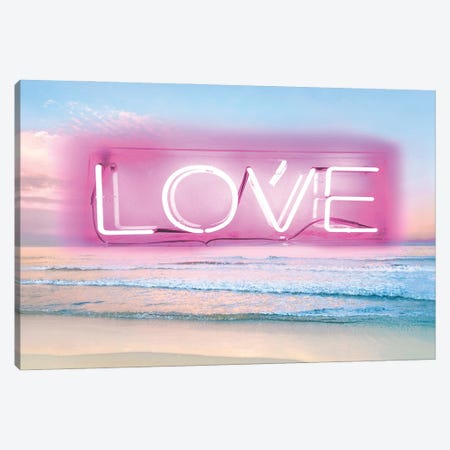 Neon Love Beach Pink On Black Canvas Print #HCR78} by Hailey Carr Art Print