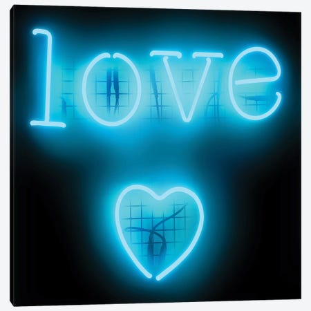 Neon Love Heart Aqua On Black Canvas Print #HCR79} by Hailey Carr Art Print
