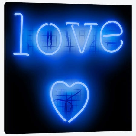Neon Love Heart Blue On Black Canvas Print #HCR81} by Hailey Carr Canvas Wall Art