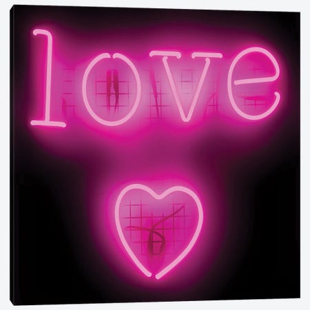 Neon Love Heart Pink On Black Canvas Print #HCR82} by Hailey Carr Canvas Art