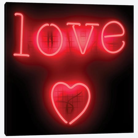 Neon Love Heart Red On Black Canvas Print #HCR84} by Hailey Carr Art Print