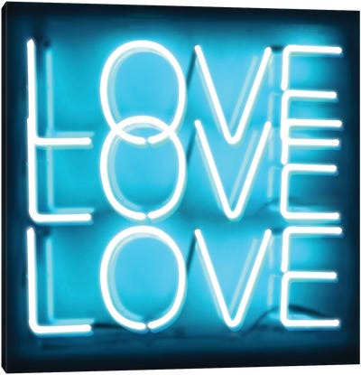 Neon Love Love Love Aqua On Black Canvas Art Print - Valentine's Day Art