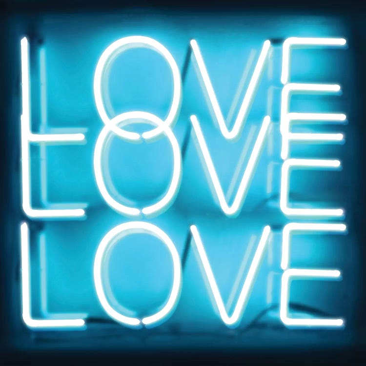 Neon Love Love Love Aqua On Black by Hailey Carr wall art