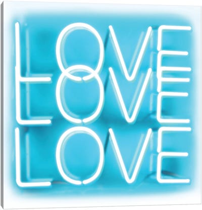 Neon Love Love Love Aqua On White Canvas Art Print - Hailey Carr