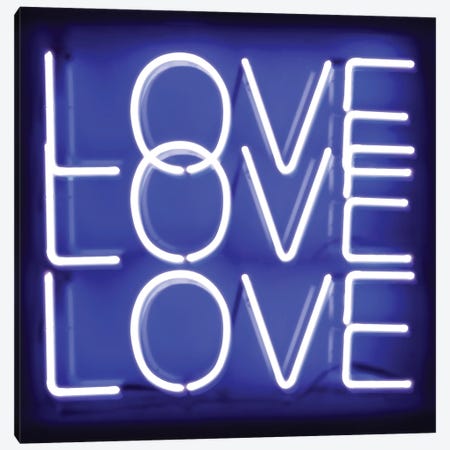 Neon Love Love Love Blue On Black Canvas Print #HCR88} by Hailey Carr Canvas Wall Art