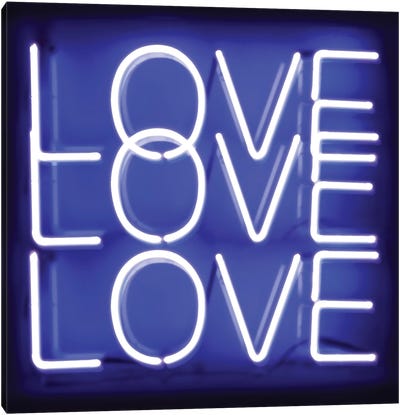 Neon Love Love Love Blue On Black Canvas Art Print - Hailey Carr
