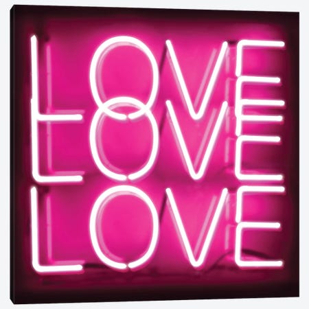Neon Love Love Love Pink On Black Canvas Print #HCR89} by Hailey Carr Canvas Artwork