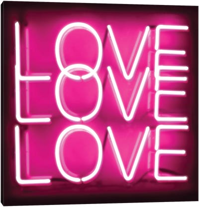 Neon Love Love Love Pink On Black Canvas Art Print - Valentine's Day Art