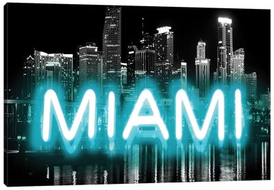 Neon Miami Aqua On Black Canvas Art Print - Miami Skylines