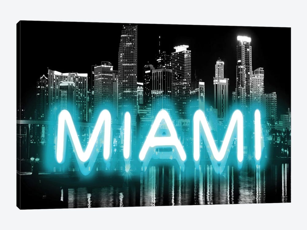 Neon Miami Aqua On Black by Hailey Carr 1-piece Canvas Artwork