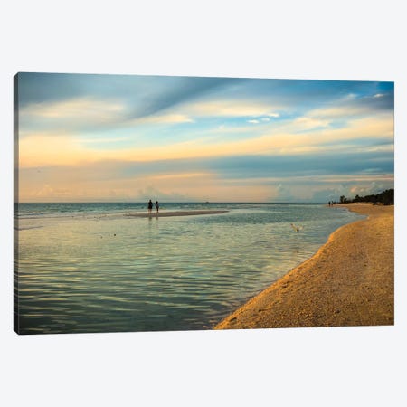 People standing on a sandbar in the water watching sunset Canvas Print #HDD10} by Sheila Haddad Canvas Artwork