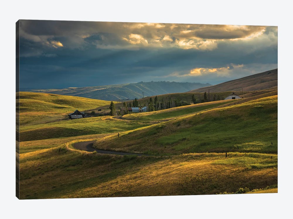 Ranch nestled in the rolling hills near Painted Hills, Oregon at sunset by Sheila Haddad 1-piece Canvas Print