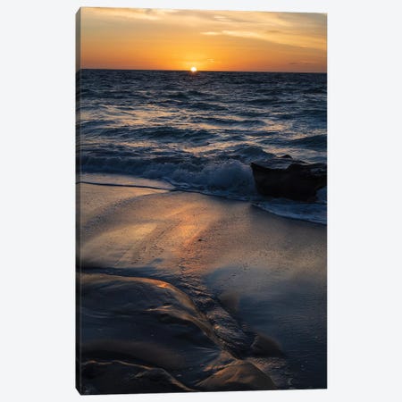 Sun setting on the Pacific Ocean with reflection of golden in the sand Canvas Print #HDD15} by Sheila Haddad Canvas Print