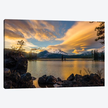 Sunset colors reflect off Diamond Lake from the lenticular clouds  Canvas Print #HDD16} by Sheila Haddad Art Print