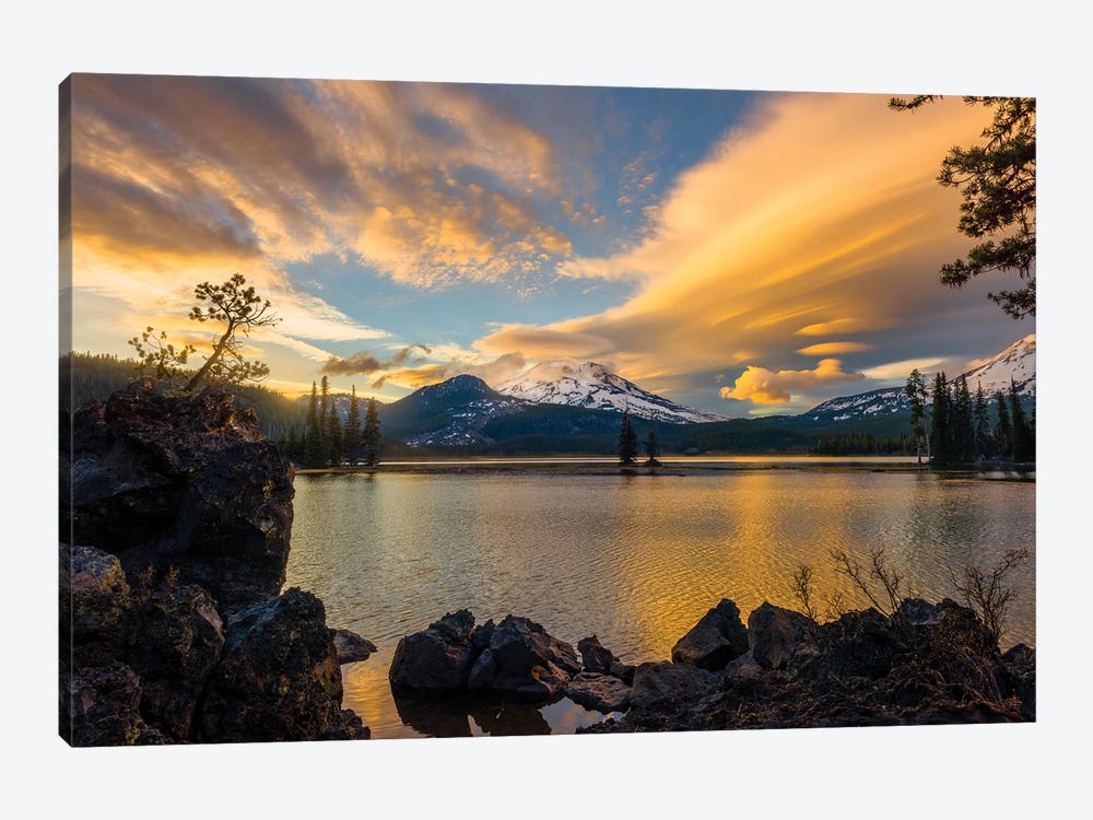Sunset colors reflect off Diamond Lake from the lenticular clouds  by Sheila Haddad 1-piece Canvas Artwork