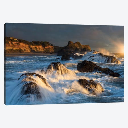 Waves crashing on rocks and washing down the sides at sunset Canvas Print #HDD19} by Sheila Haddad Canvas Wall Art