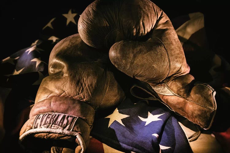 Pair of vintage boxing gloves laying on a flag carefully painted with light