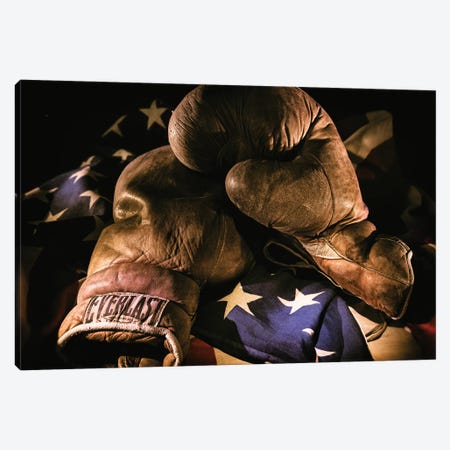 Pair of vintage boxing gloves laying on a flag carefully painted with light Canvas Print #HDD5} by Sheila Haddad Art Print