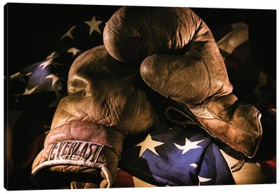 Pair of vintage boxing gloves laying on a flag carefully painted with light Canvas Art Print - Boxing Art