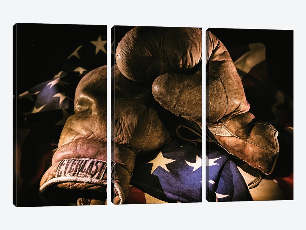 Pair of vintage boxing gloves laying on a flag carefully painted with light by Sheila Haddad 3-piece Canvas Artwork