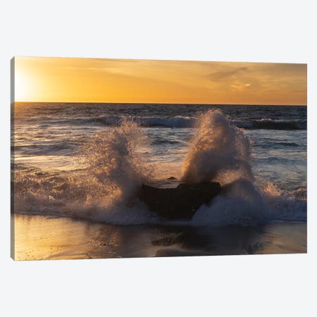 Golden sunset light coming through the white water crashing off a rock Canvas Print #HDD8} by Sheila Haddad Canvas Wall Art
