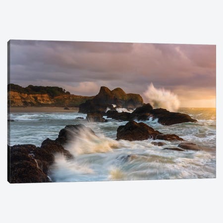 Large Waves Crashing Against The Sea Stacks Along The Beach Of Seal Rock Canvas Print #HDD9} by Sheila Haddad Canvas Art