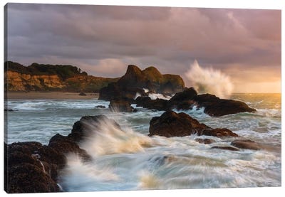 Large Waves Crashing Against The Sea Stacks Along The Beach Of Seal Rock Canvas Art Print